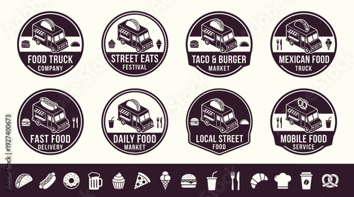 Isometric Food Truck & Street Food Logos with Icons - Vector Set for Festival, Delivery, Market, and Company Branding