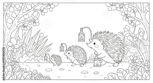Magical Hedgehog Family with Lanterns Exploring Garden Outline Coloring. transparent.