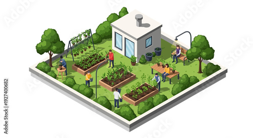 Isometric Illustration of Rooftop Community Garden with People Tending Plants. transparent.