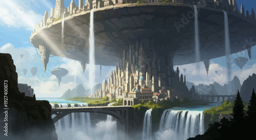 Professional Concept Art of Impossible Architecture A City Built on the Underside of a Giant Floating Continent. transparent.