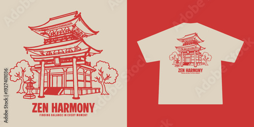 Minimalist line art illustration of a traditional Japanese temple and torii gate in clean red monochrome. Inspired by Zen philosophy, balance, and serenity. Perfect for t-shirts, posters, stickers