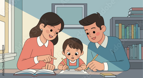 Family Working Together on Homework Project.