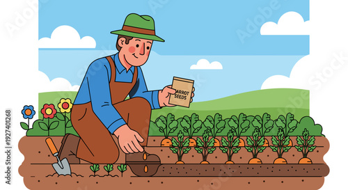Farmer Inspecting Plants in Garden Bed.
