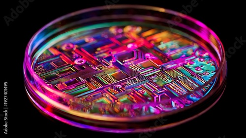 Macro shot of a colorful iridescent microchip wafer inside a glass petri dish. Futuristic laboratory concept for biotechnology, nanotechnology, semiconductor research, and silicon science.