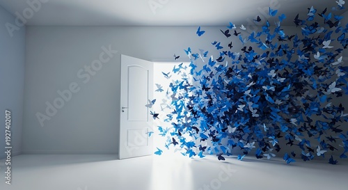 A swarm of blue and black butterflies flying through an open white door into a bright empty room. Surreal digital art concept of freedom, transformation, imagination, and new beginnings.