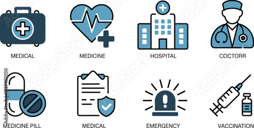 Medical Healthcare Line Icons Set Including Hospital Doctor Medicine Emergency Vaccination Symbols Flat Vector Illustration Collection Design