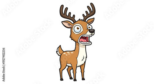 Surprised deer cartoon character, scared expression, white background