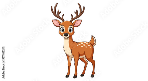Cartoon deer illustration, happy fawn with antlers, isolated on white