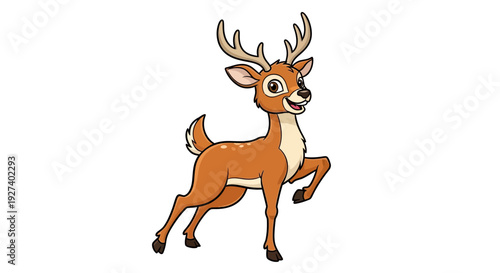 Cartoon deer illustration, happy fawn with antlers, isolated on white