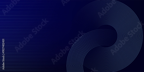 Abstract glowing circle lines on dark blue background. Geometric stripe line art design. Modern shiny blue lines. Futuristic technology concept. Suit for poster, cover, banner, brochure, website
