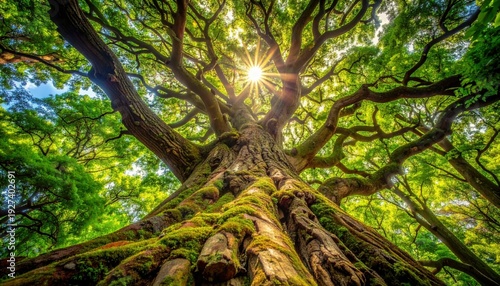 Majestic Ancient Tree Canopy Bathed in Golden Sunlight