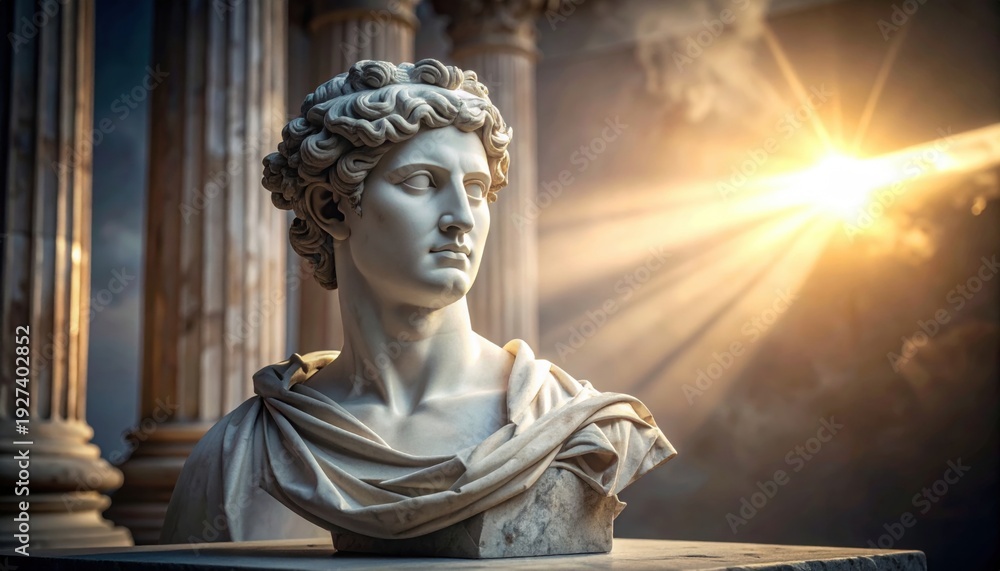 Obraz premium Majestic Marble Bust Sculpture of a Classical Figure Bathed in Dramatic Sunlight