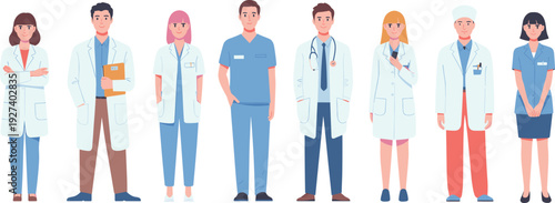Professional medical team of diverse doctors and nurses standing in uniform isolated on white background flat vector illustration