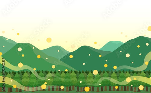 飛散する花粉とスギ並木と山並みのイラスト_横