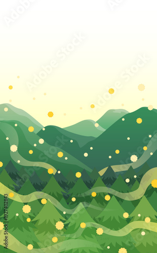 飛散する花粉とスギ並木と山並みのイラスト_縦