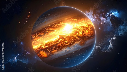 Massive gas giant planet with swirling clouds and glowing atmosphere in deep space