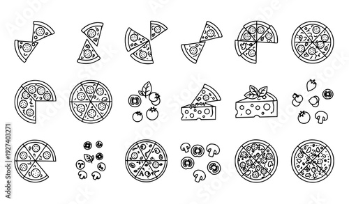Minimal line pizza vector icon pack with italian food slices and topping symbols for menu design
