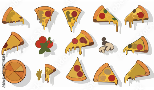 Colorful cartoon pizza slice vector set with delicious fast food illustrations for menu and branding