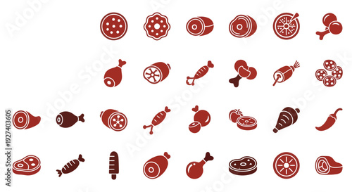 Meat and Butcher Shop Vector Icon Set: Beef Steaks, Chicken Legs, Sausages, Ham, and Deli Meat Icons Isolated on White Background