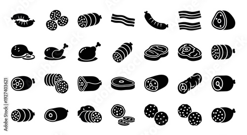 Meat and Butcher Shop Solid Icon Set: Black Vector Symbols of Beef, Steak, Sausage, Bacon, and Poultry for Food Menu and Packaging