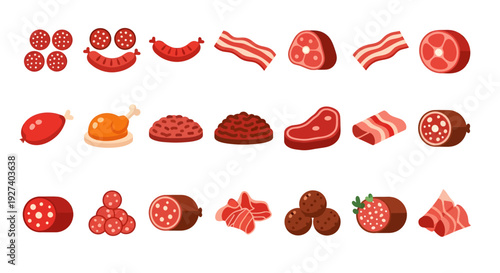 Meat Products and Charcuterie Vector Icon Set - Sausage, Salami, Bacon, Ham, Steak, and Meatballs Isolated on White Background