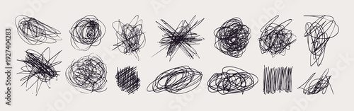 Messy Pen Scratch Set. Hand-drawn Vector Scribble Textures. Chaos Doodle Elements in Kids Style. Sketchy Messy Line and Strokes for Grunge Designs, Collage, Note, Scrapbook Designs.