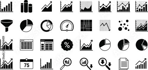 Minimalist black and white data visualization icons, business analytics elements, statistical infographic graphics, abstract presentation design set, modern vector illustration