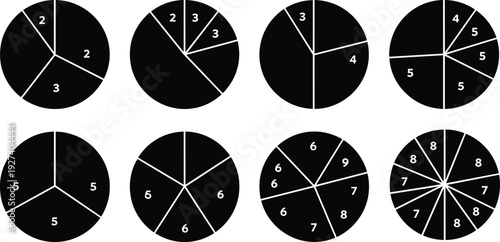 Minimalist black pie chart collection, segmented data visualization, infographic design elements, statistical analysis graphics, educational diagrams, abstract business presentation icons
