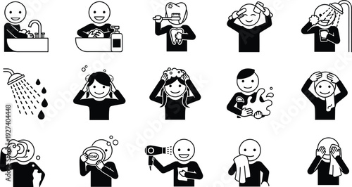 Personal hygiene icons, washing hands, brushing teeth, combing hair, showering, applying lotion, drying face, minimalist design, health education illustration