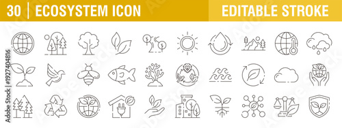 Collection of ecosystem icons. Plants, water, leaves, green energy, recycling and more. Vector design templates, signs, symbols, and editable strokes.