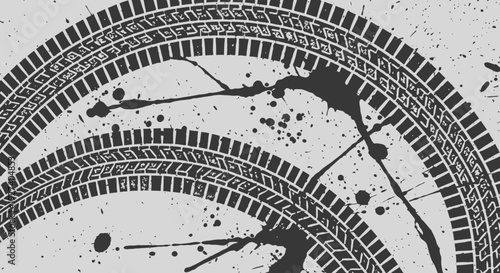 tire tracks grunge, black ink splash on grey background