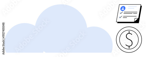 Large cloud shape with user account document and dollar icon. Ideal for cloud computing, data storage, financial solutions, digital management, online services, remote access, simple flat metaphor