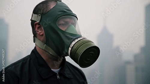 Man Wearing Gas Mask in Hazy Urban Environment with Smoky Skyline