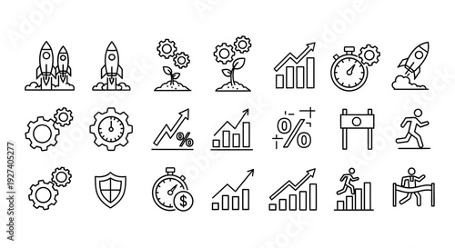 business growth icons set, success and development concept