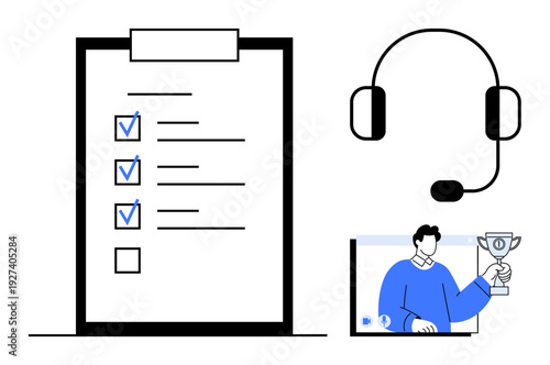 Checklist with completed tasks, communication headset, and virtual presentation showcasing trophy achievement. Ideal for productivity, teamwork, remote work, online communication, goal setting