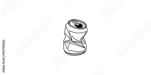 Simple black and white line drawing of a crushed aluminum soda can on a white background