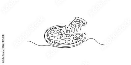 Continuous line drawing of a whole pizza with a slice being lifted and cheese melting.