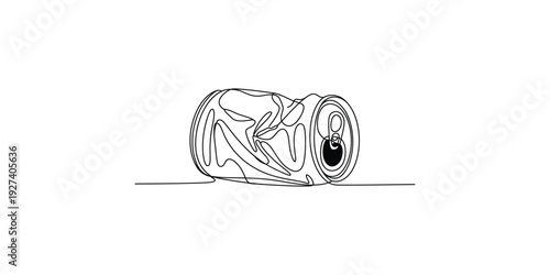A simple black and white line drawing of a crushed aluminum soda can lying on its side.