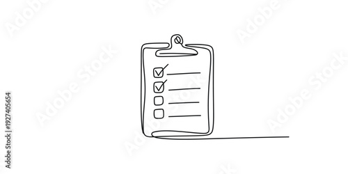 Simple hand-drawn sketch of a clipboard with a checklist and checkmarks on a white background.
