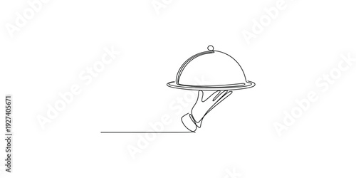 Continuous line drawing of a hand holding a restaurant serving tray with a dome cover cloche.