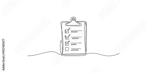 Simple sketch of a clipboard with a checklist and a pen on a white background in line art style.