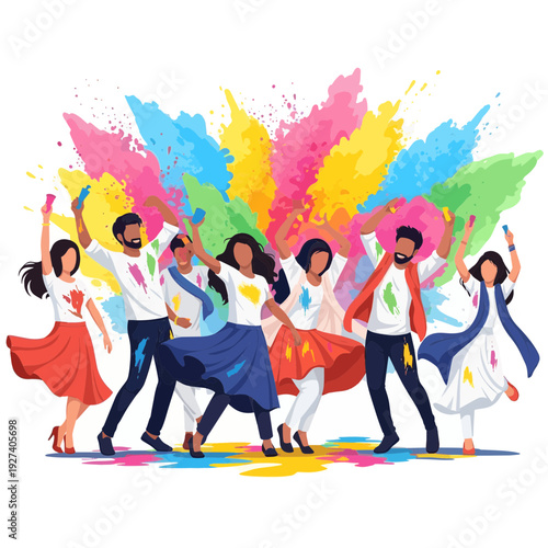 Isometric View of People Celebrating Holi Festival in a City Park Area