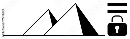 Two triangular pyramids with contrasting shades adjacent to a padlock icon. Ideal for themes of data security, history, protection, secrets, technology, geometry, and preservation. A simple flat