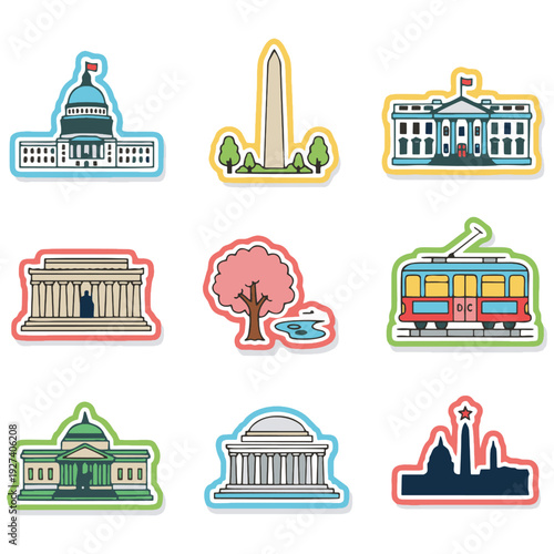 Washington District Columbia landmarks collection featuring historic buildings and travel elements in a colorful sticker style