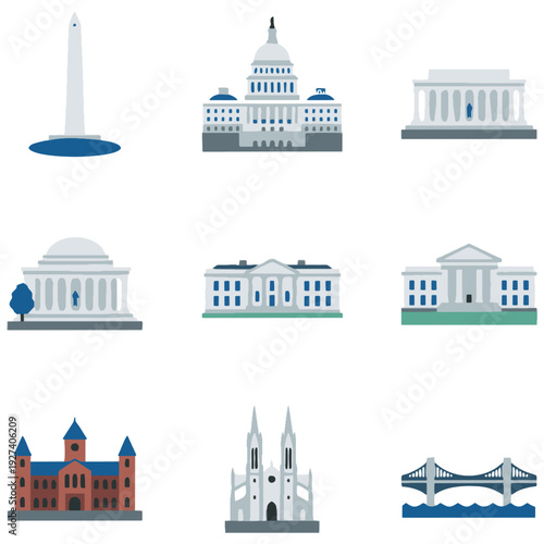 Washington DC landmarks collection features flat vector illustrations of iconic government buildings and monuments representing the capital city