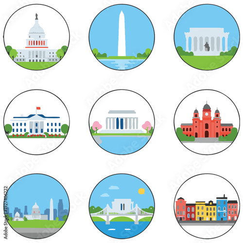 Washington city landmarks and architectural icons are depicted in this flat design illustration collection Featured are famous buildings and urban scenes suitable for travel and tourism content