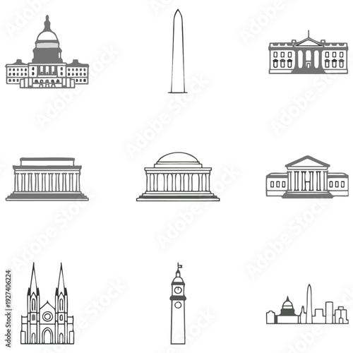 Landmarks of Washington D C presented as a simplified vector illustration showcasing iconic government buildings monuments and the city skyline