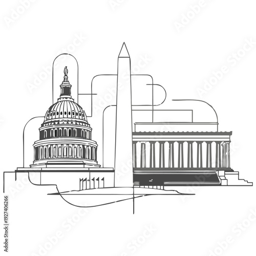 Washington landmarks are depicted in a stylized line art illustration featuring the Capitol Building obelisk and memorial building