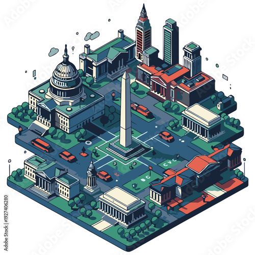City isometric architectural illustration showcasing a vibrant urban landscape with prominent government buildings monuments and active streets