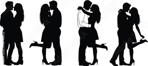 Couple silhouette icons, romantic embrace, kissing pose, love illustration, affectionate posture, relationship design, intimacy vector, minimalist romance graphic